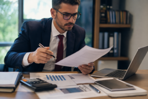 Advogado brasileiro analisando contrato bancário e documentos financeiros em escritório moderno. Tema 1.378 STJ juros bancários