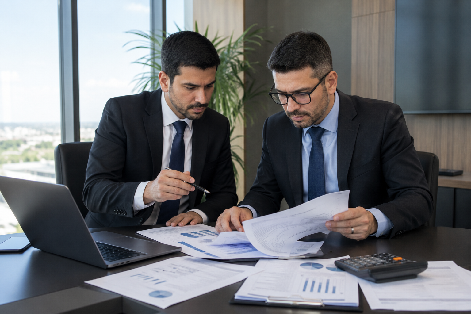 Advogados brasileiros analisando contratos bancários e documentos financeiros durante reunião.