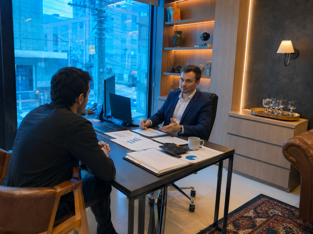 Advogado da Zart & Machado atendendo cliente em consulta sobre contrato bancário.