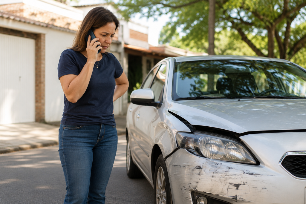 Mulher brasileira ao lado do carro após um acidente de trânsito falando ao telefone.