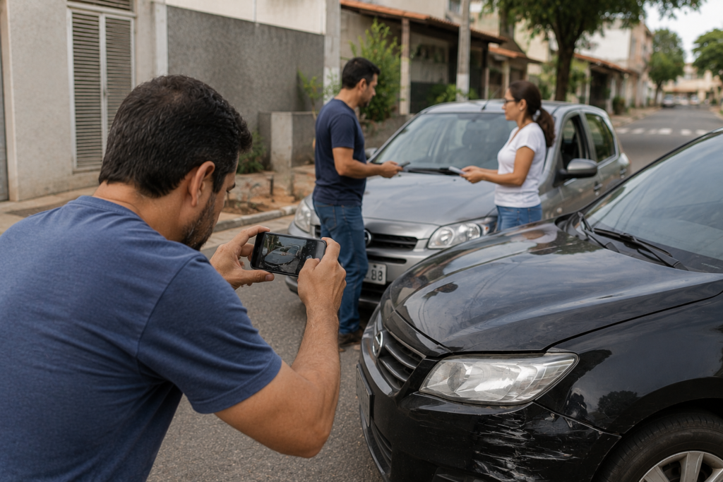 Motorista fotografando os danos dos veículos após uma colisão.