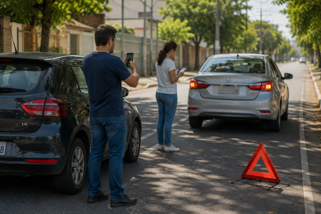 Casal sinalizando a via e registrando um acidente de trânsito.