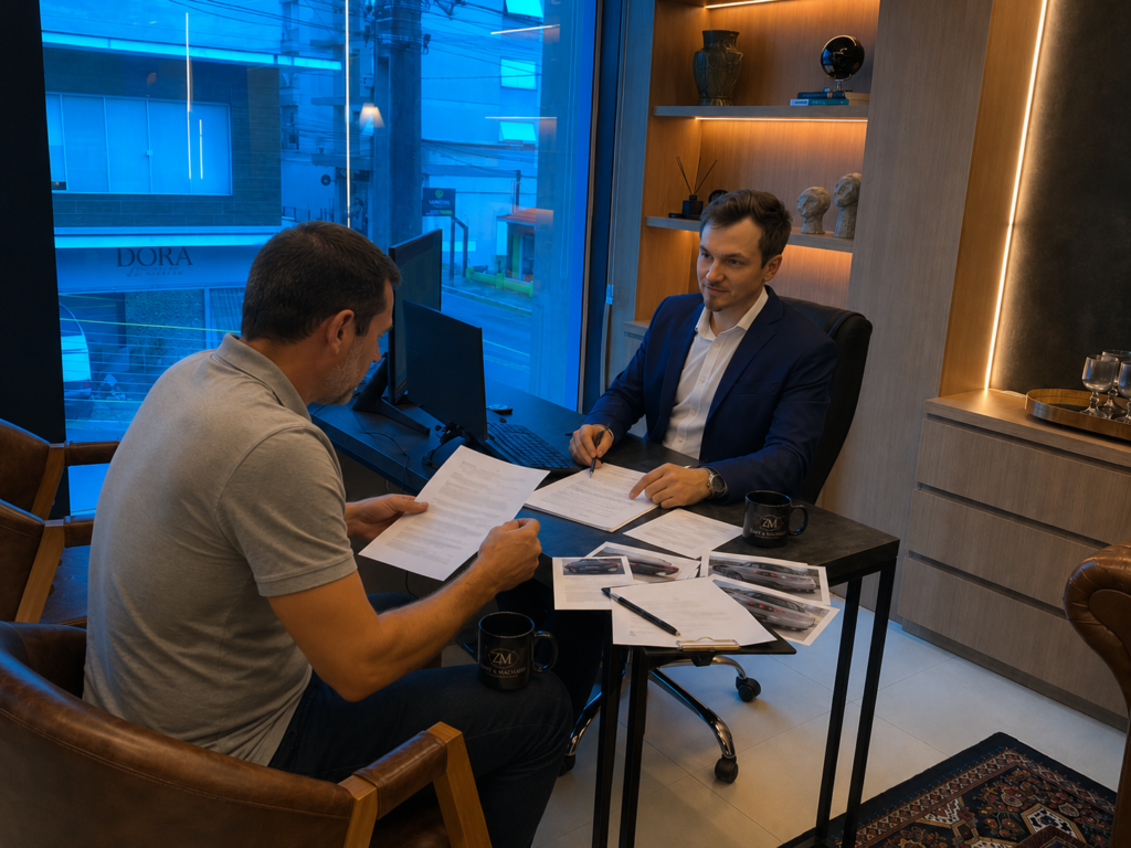 Advogado da Zart & Machado orientando cliente sobre indenização por acidente de trânsito.
