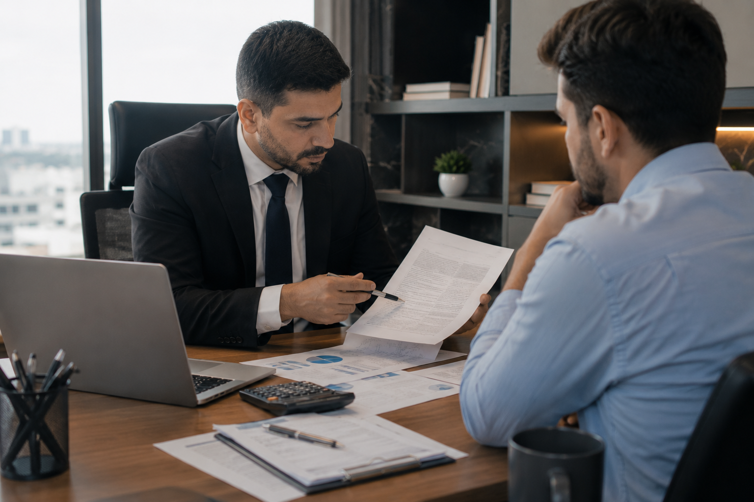 Advogado brasileiro orientando cliente durante consulta sobre contrato de financiamento bancário.