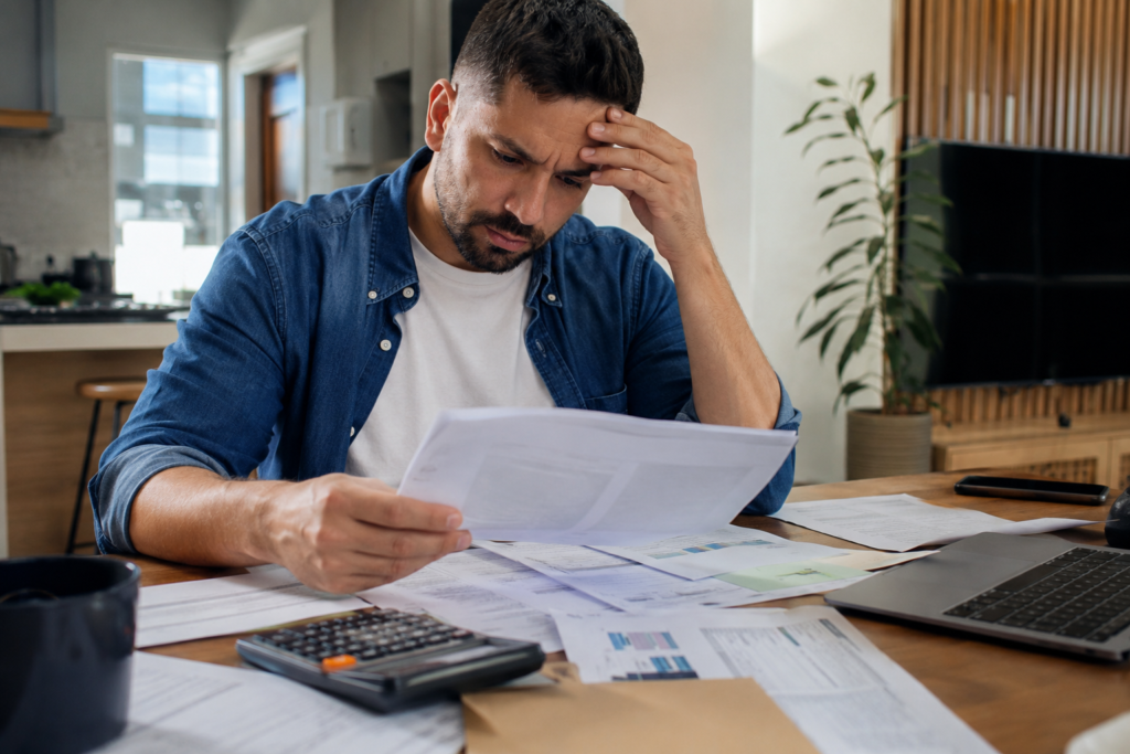 Consumidor brasileiro analisando contrato bancário e documentos financeiros em casa.