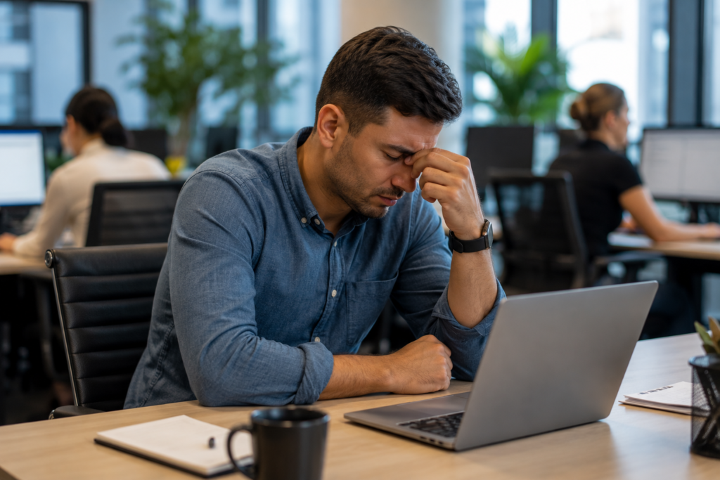 Trabalhador em ambiente corporativo representando riscos psicossociais e prevenção da síndrome de Burnout.