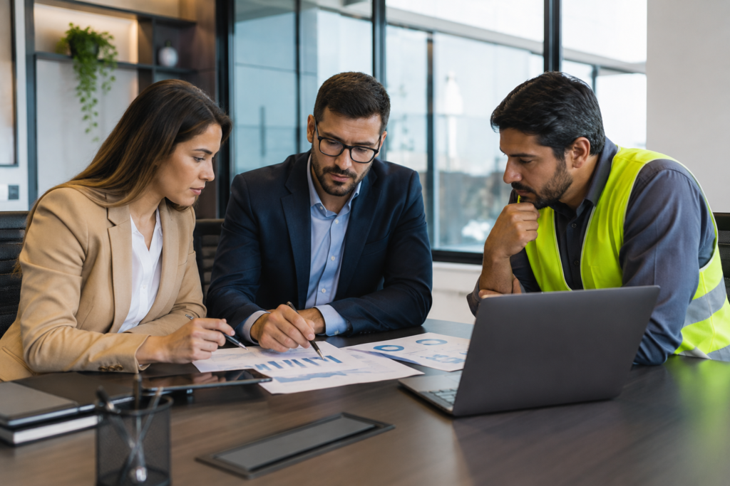 Reunião empresarial para adequação da empresa à nova NR-1 e gerenciamento de riscos psicossociais.