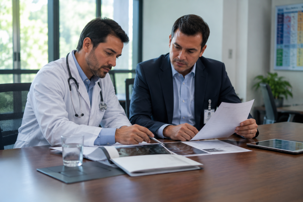 Médico e administrador hospitalar analisando documentos clínicos em sala de reuniões.