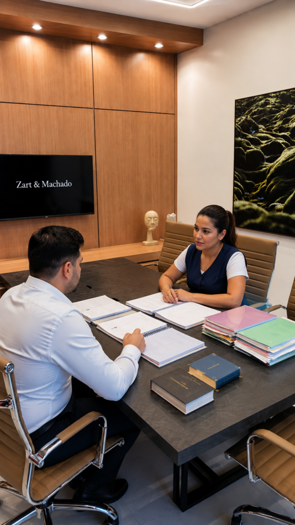 Advogado da Zart & Machado atendendo profissional da educação infantil durante consulta jurídica.