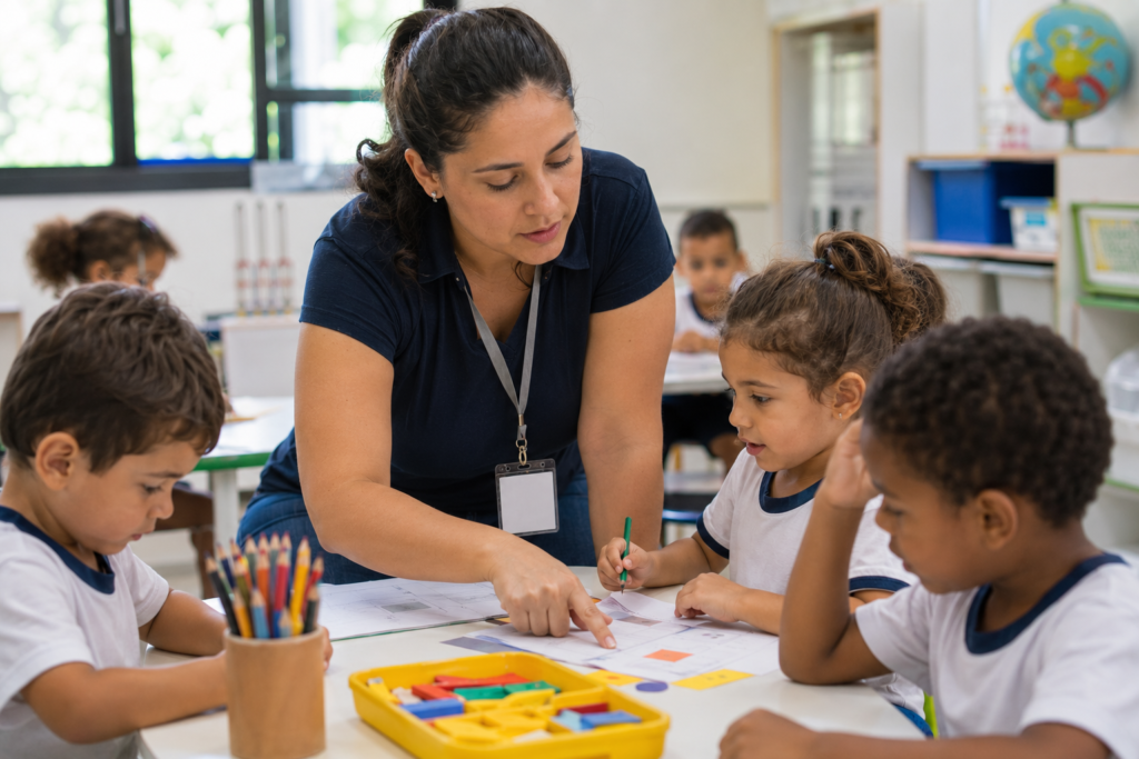 Lei 15.326/2026 Profissional da educação infantil conduzindo atividade pedagógica com crianças em creche.
