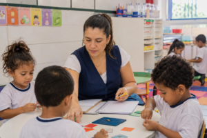 Profissional da educação infantil realizando atividade pedagógica com crianças em sala de aula.