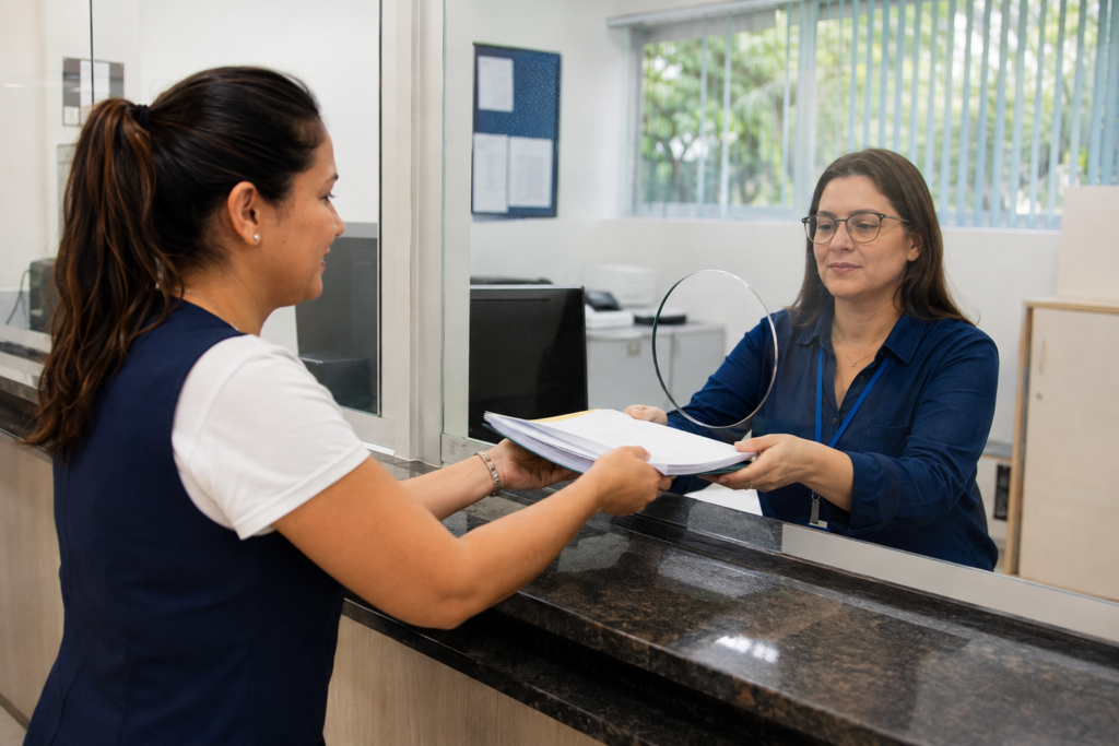 Profissional da educação infantil entregando documentos em secretaria municipal de educação.